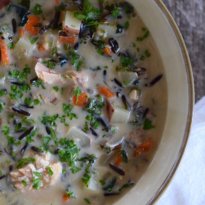 30-minute easy salmon, wild rice & kale soup | Alaska Gold Seafood