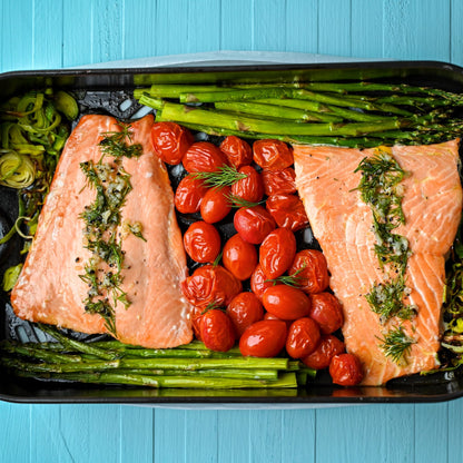 air fryer salmon recipe plated with vegetables