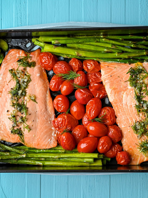 air fryer salmon recipe plated with vegetables
