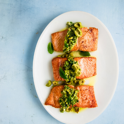 Seared Coho Salmon with Green Olive Salsa | Alaska Gold Seafood