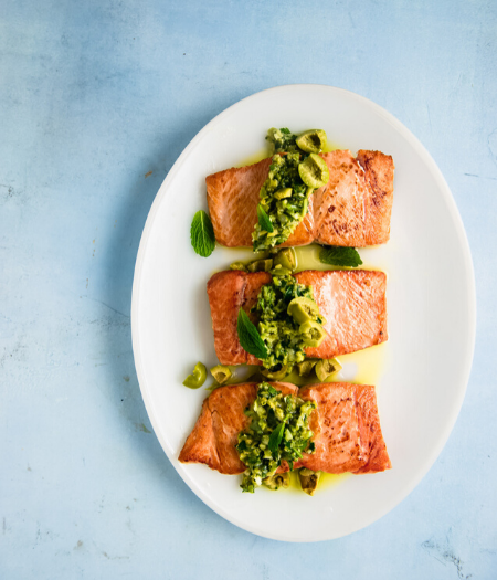 Seared Coho Salmon with Green Olive Salsa | Alaska Gold Seafood