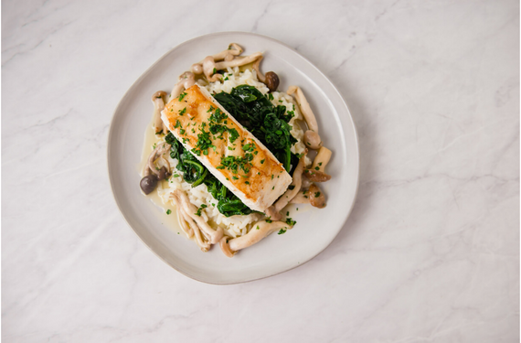 Seared Halibut with Spinach, Mushrooms, and Risotto | Alaska Gold Seafood