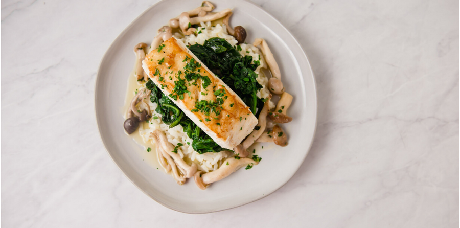 Seared Halibut with Spinach, Mushrooms, and Risotto | Alaska Gold Seafood