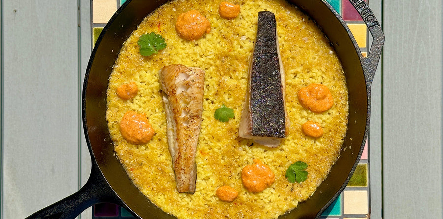 Black Cod Paella in a paella pan