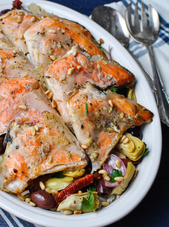 King Salmon Collars Prepared in Antipasto with olives, artichokes and sun-dried tomatoes