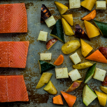 Mustard maple sockeye salmon with roasted vegetables | Alaska Gold Seafood