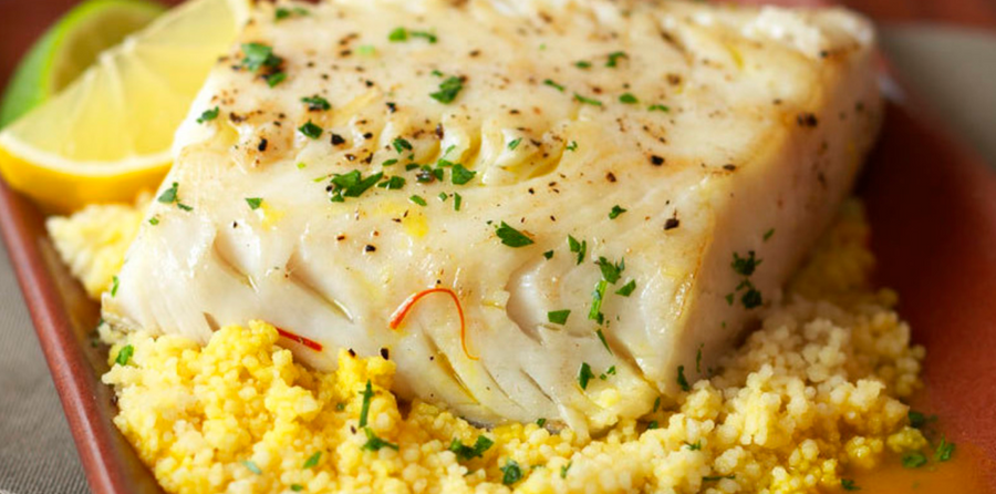 Olive Oil Poached Alaska Black Cod with Couscous and Saffron Broth | Alaska Gold Seafood