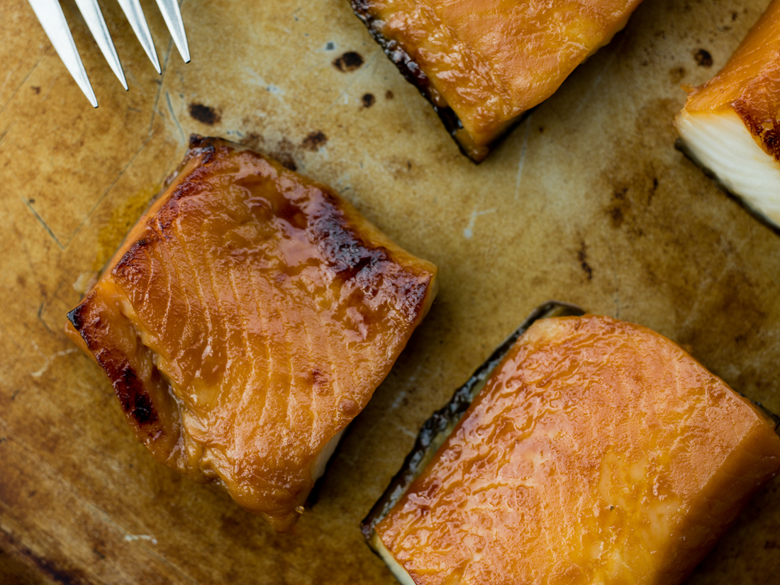 Miso glazed sablefish close-up with fork