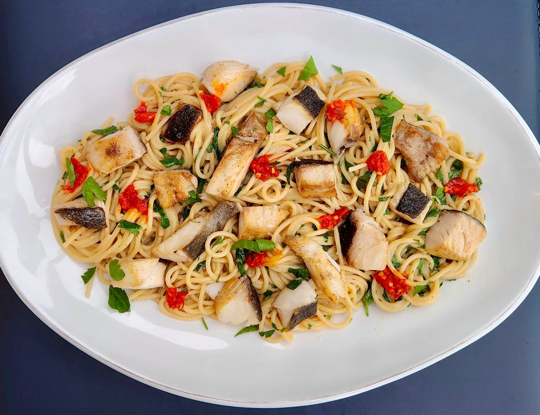 Black Cod in noodles with vegetables