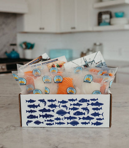 box of frozen seafood on a counter