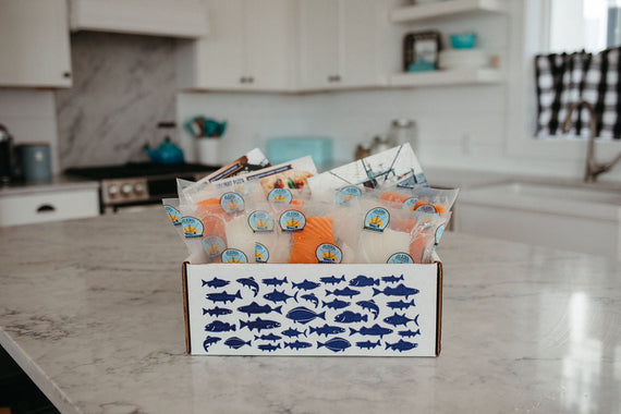 box of frozen seafood on a counter