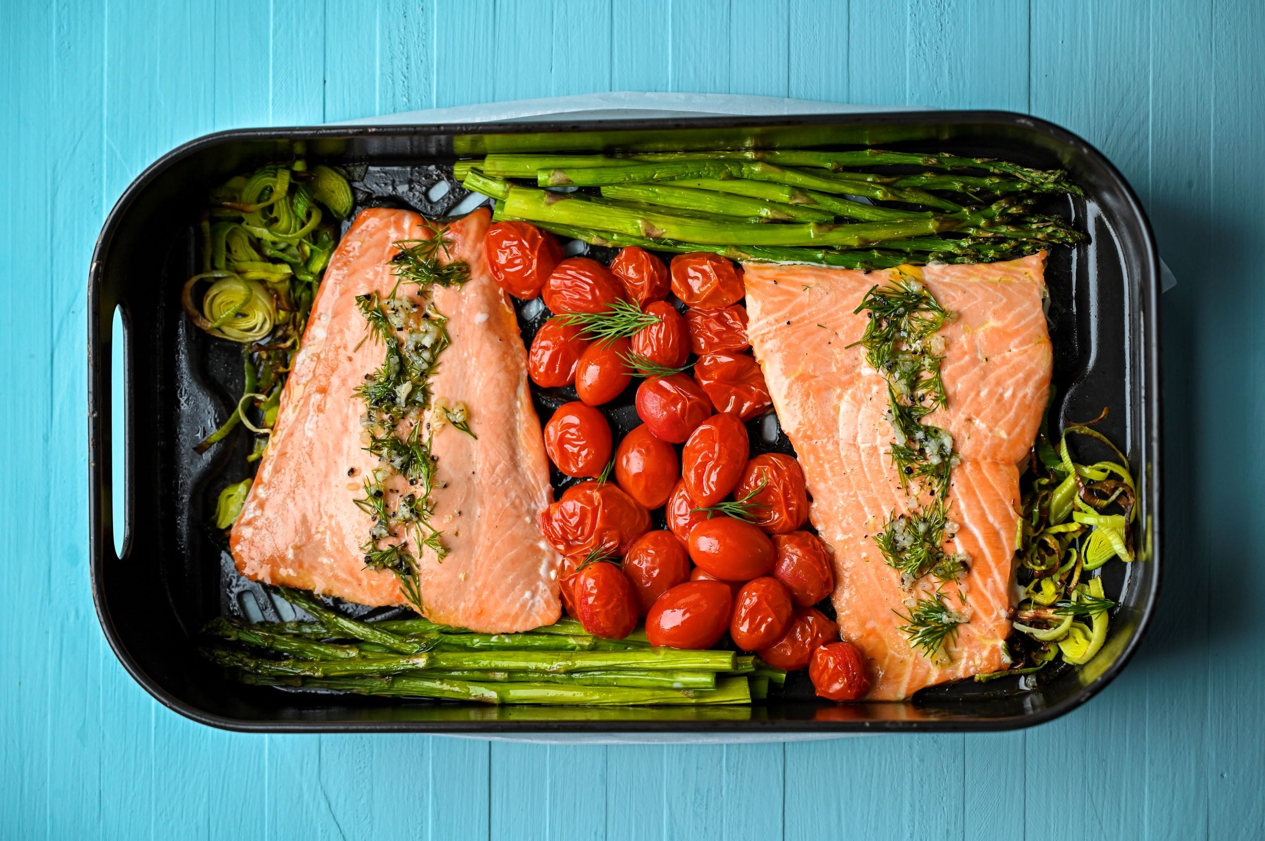 air fryer salmon recipe plated with vegetables