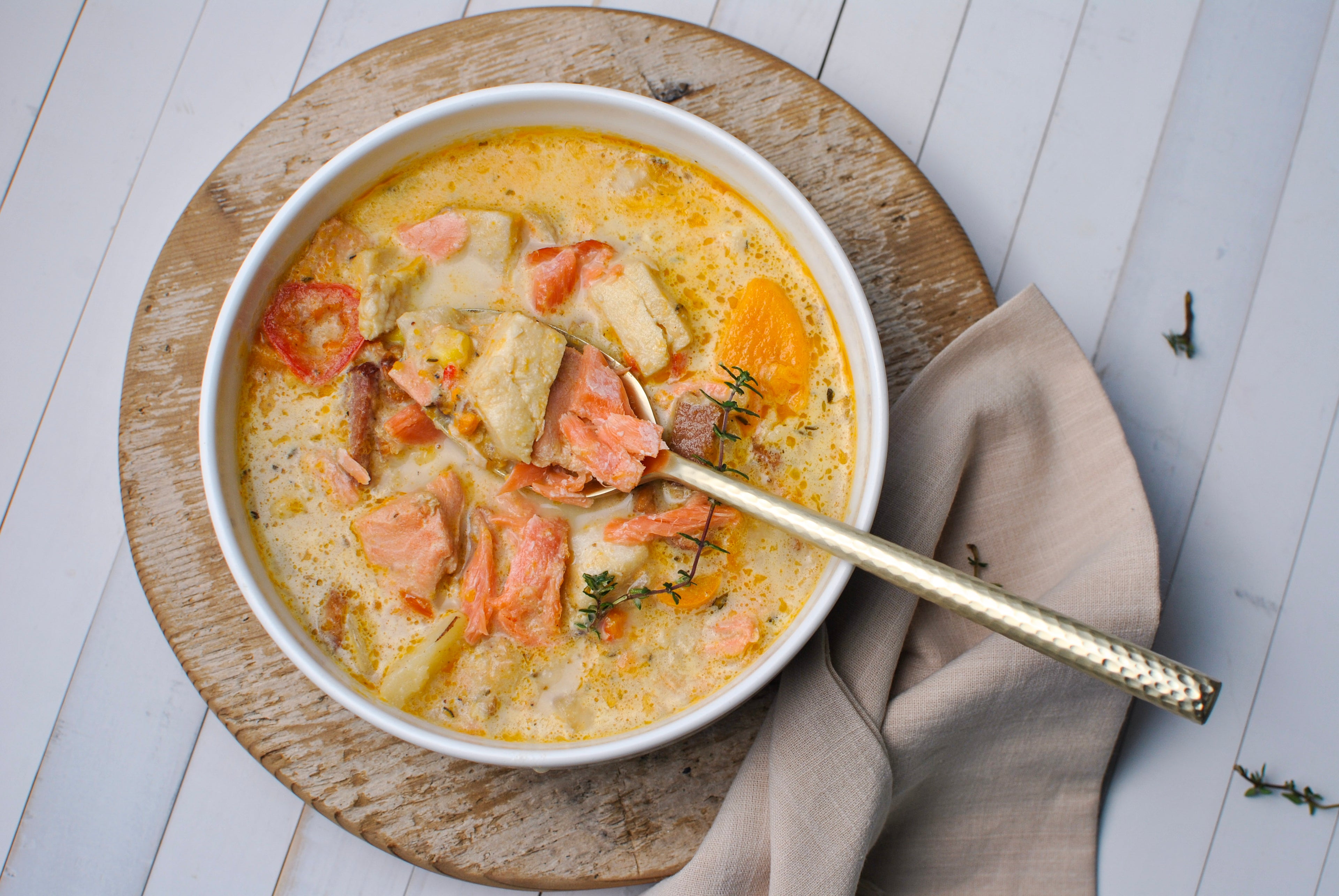 Bowl of seafood chowder with smoked salmon