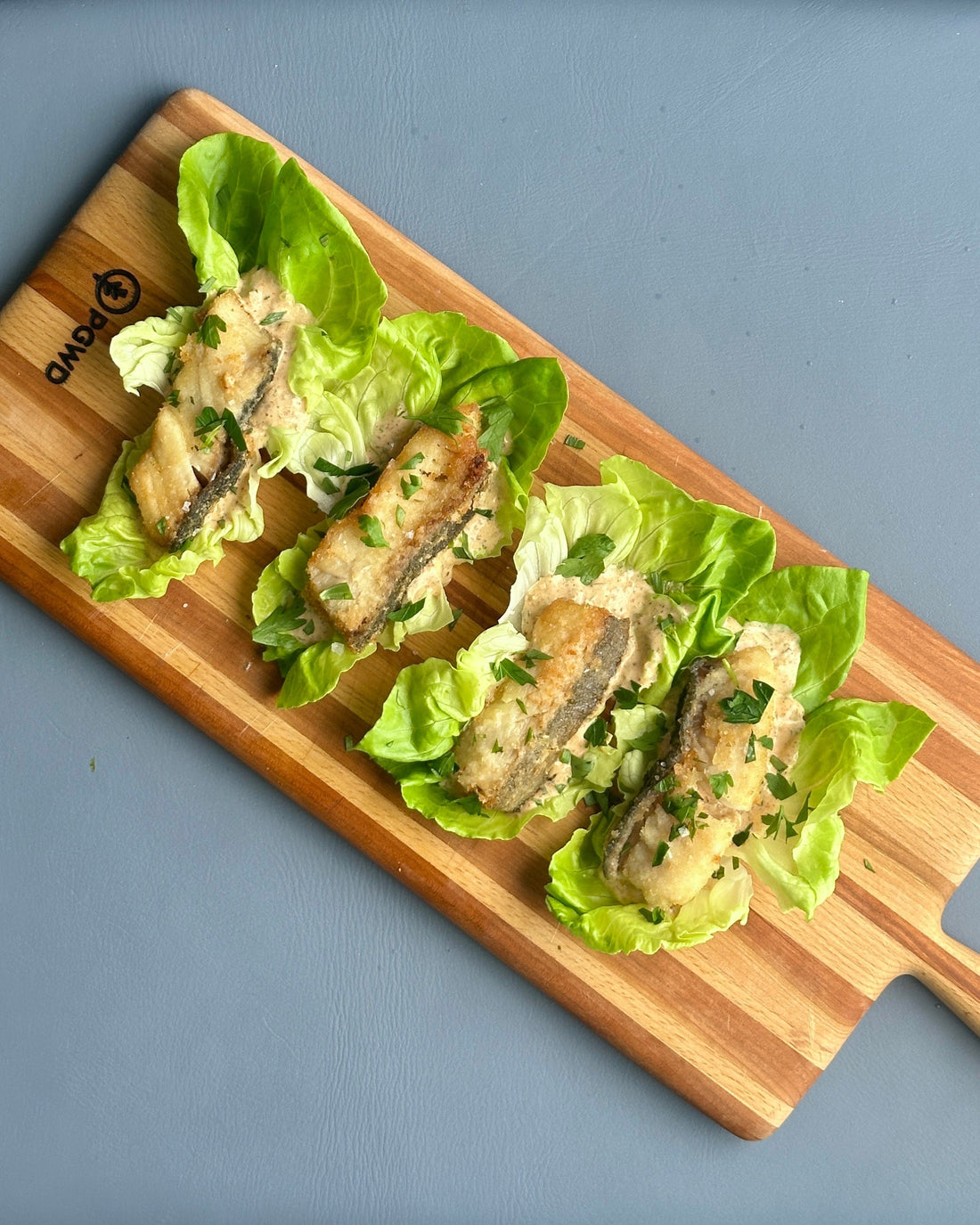 Fried black cod in lettuce cups