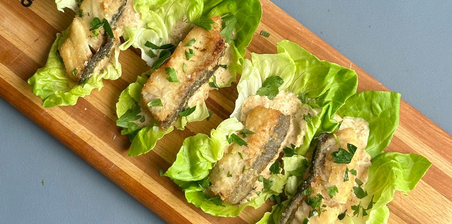 Fried black cod in lettuce cups