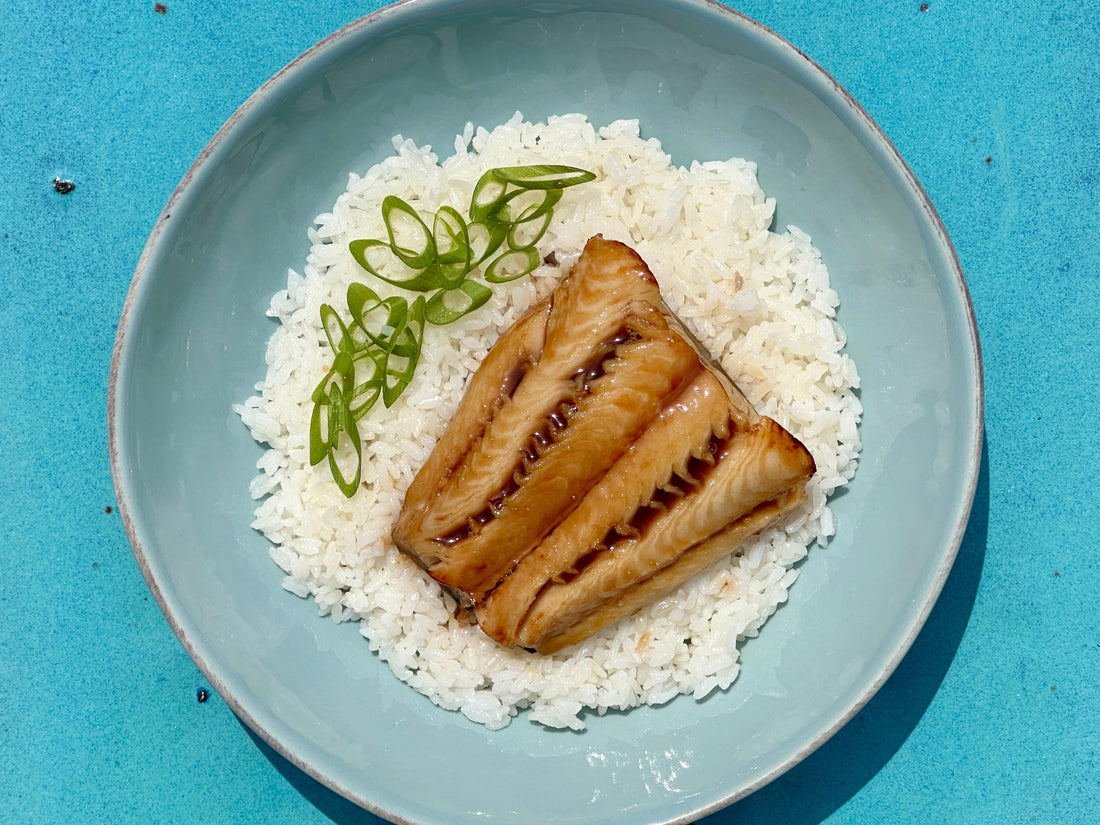 black cod fillets on rice with veggies