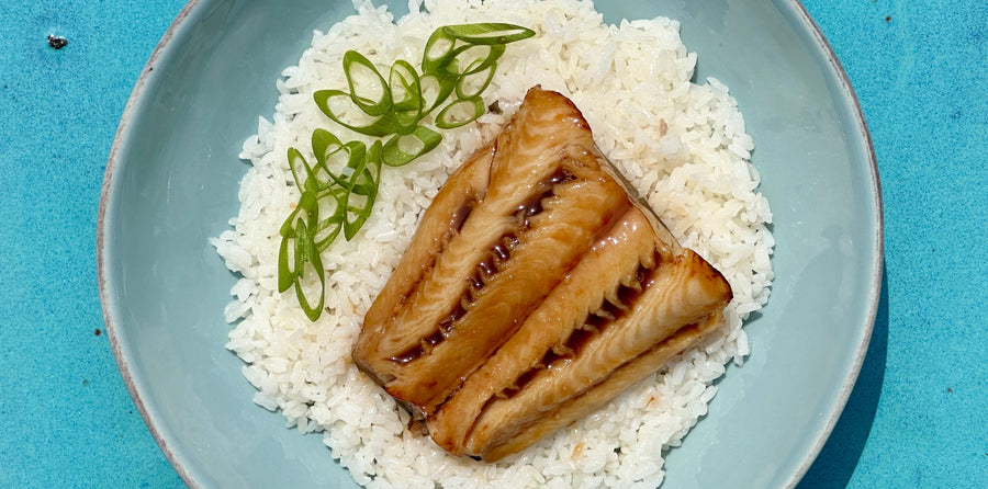 black cod fillets on rice with veggies