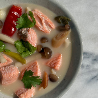 coho salmon in a Tom Kha Gai Soup