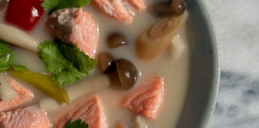 coho salmon in a Tom Kha Gai Soup
