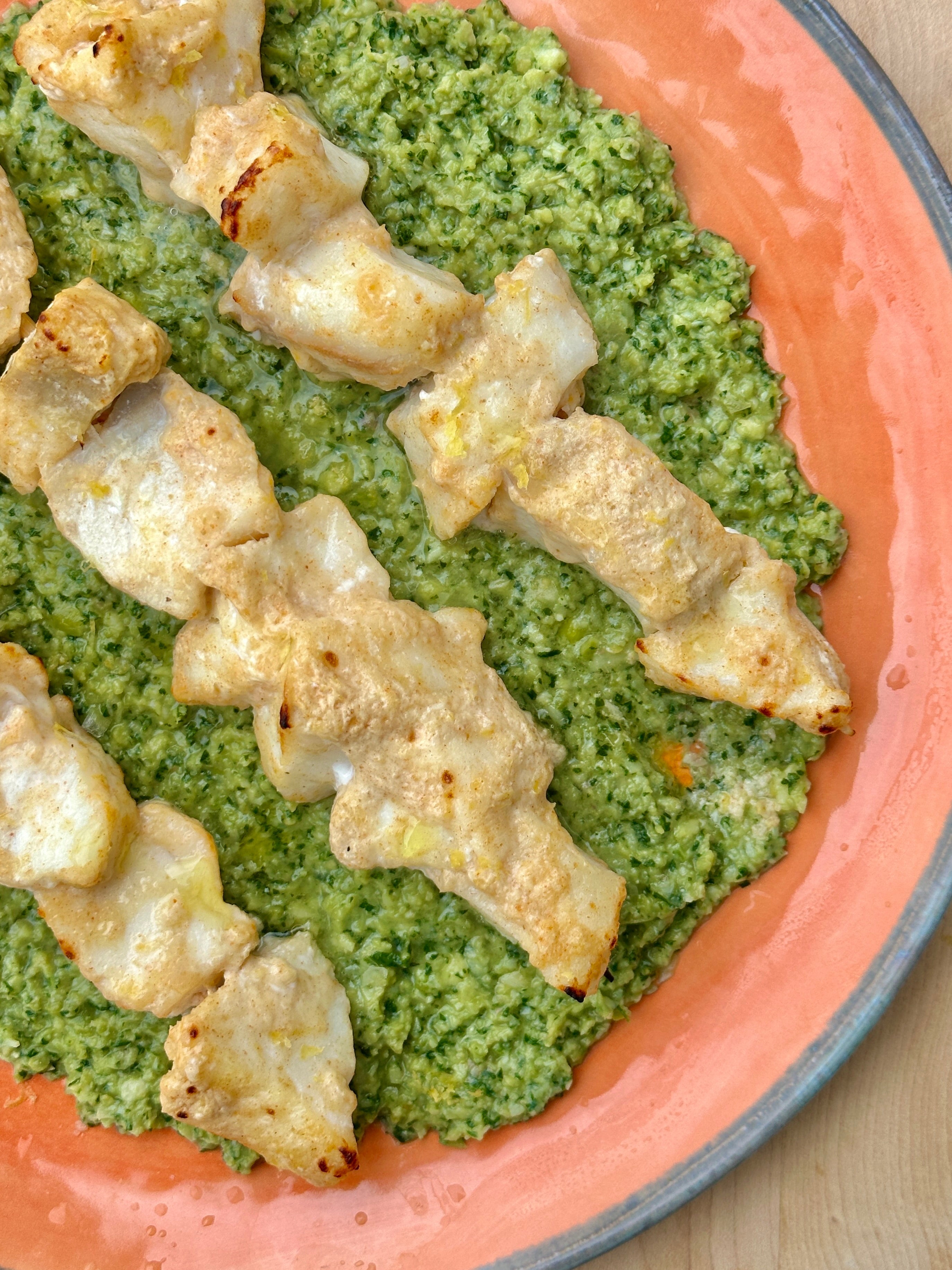 cod kebabs with green olive tapenade