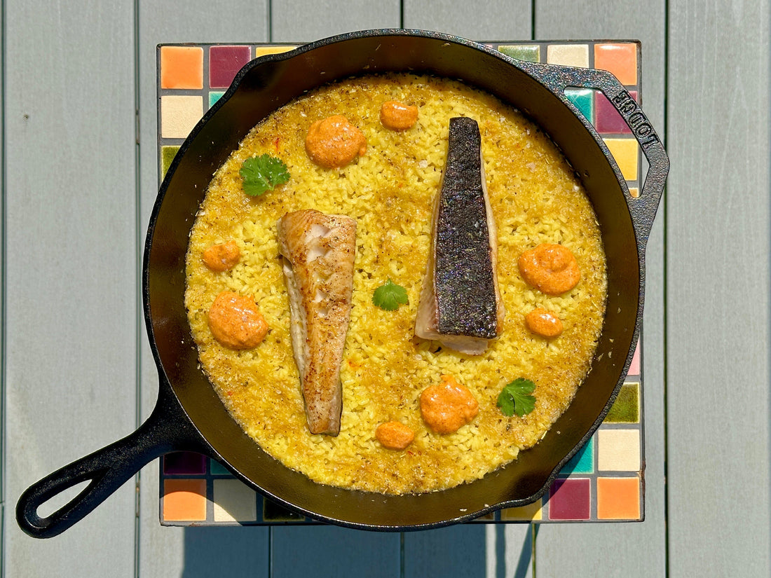 Black Cod Paella in a paella pan