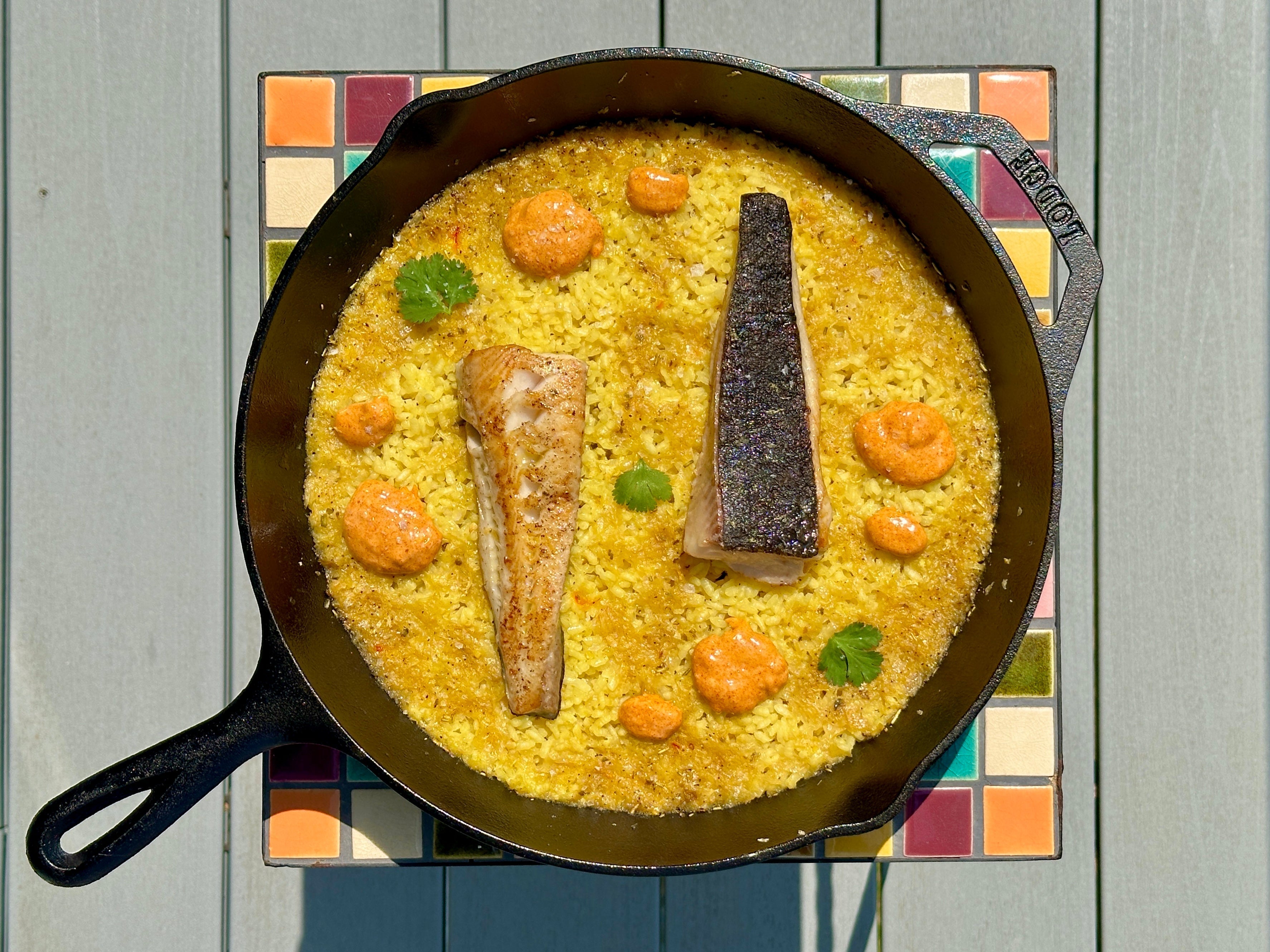 Black Cod Paella in a paella pan