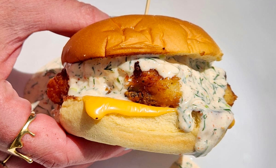 Panko-encrusted black cod sandwich with lots of tartar sauce