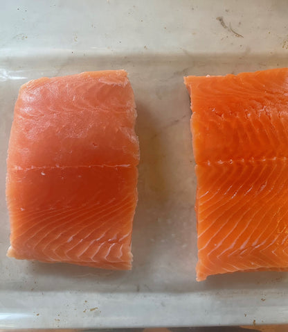 Keta salmon fillet on left and coho salmon fillet on right