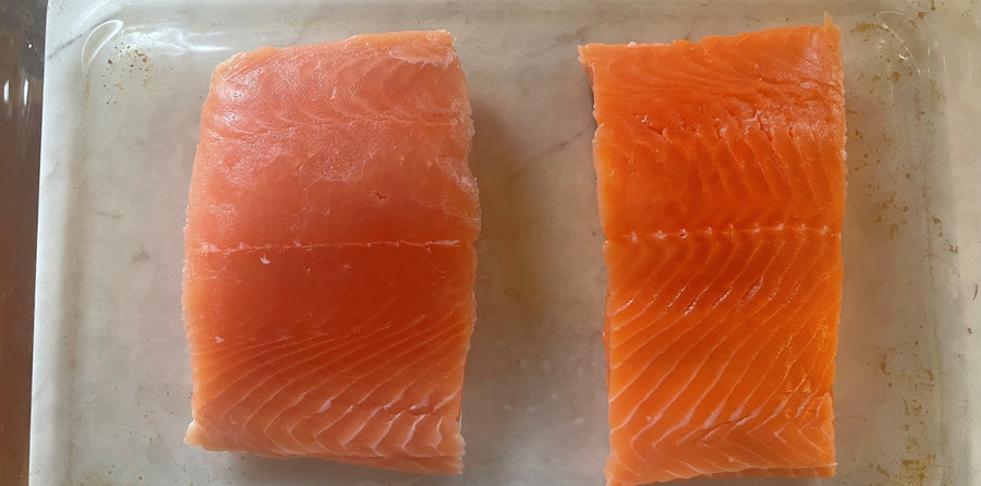 Keta salmon fillet on left and coho salmon fillet on right