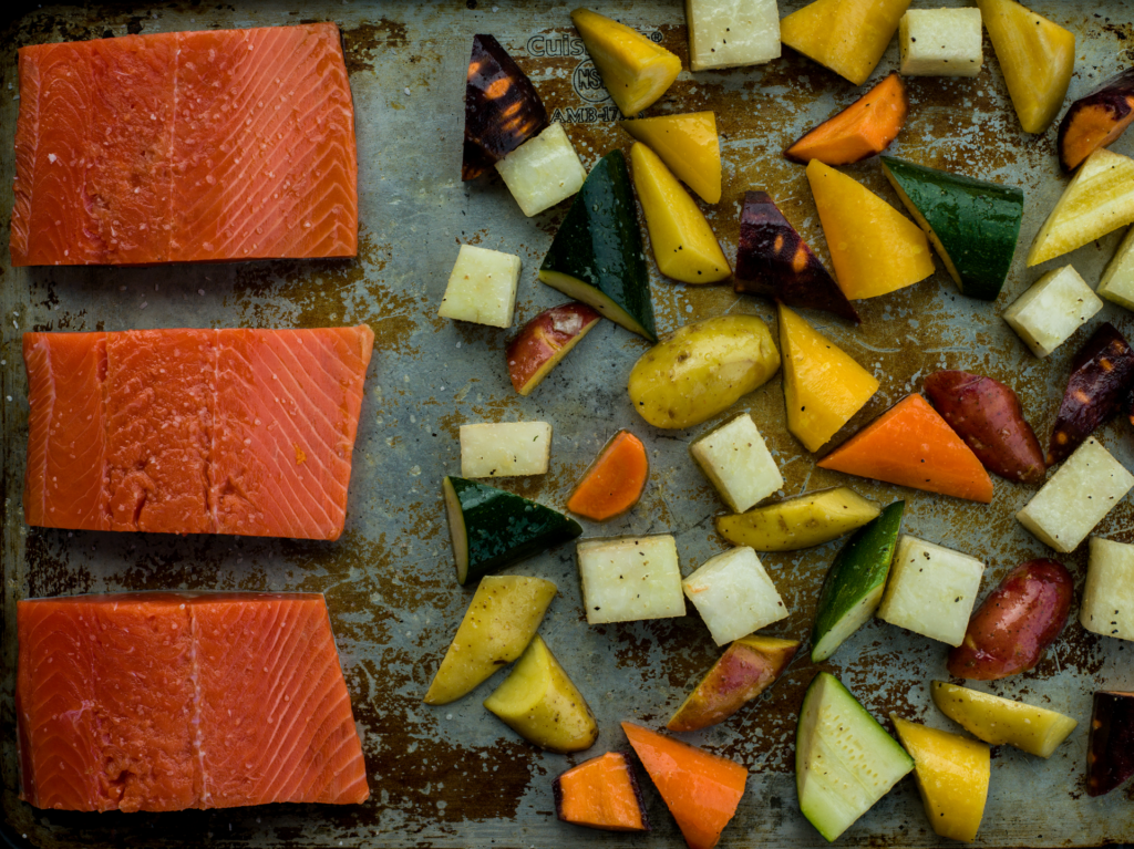 Mustard maple sockeye salmon with roasted vegetables | Alaska Gold Seafood