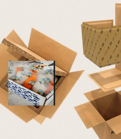 Box and insulator made out of recycled cardboard for shipping frozen seafood