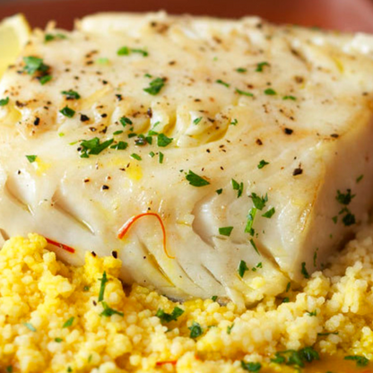 Olive Oil Poached Alaska Black Cod with Couscous and Saffron Broth | Alaska Gold Seafood