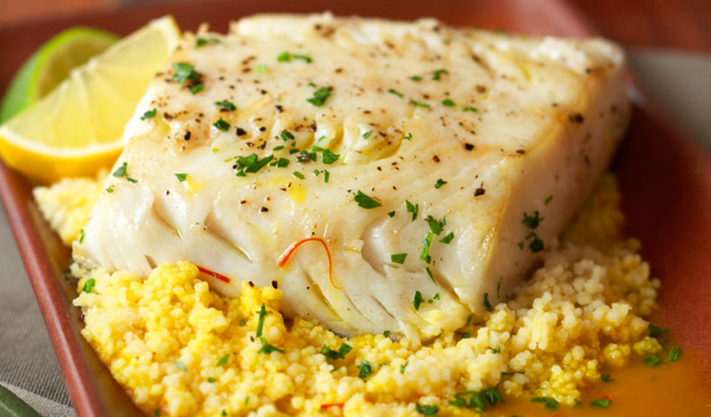 Olive Oil Poached Alaska Black Cod with Couscous and Saffron Broth | Alaska Gold Seafood